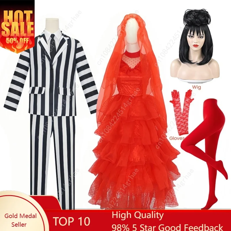 

Anime Cosplay Beetle Juicee Costume Black and White Striped Suit Lydia Red Wedding Dress Horror Movie Halloween Scary Ghost Outf