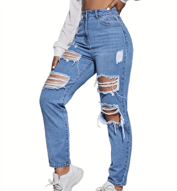 Acolchoado Holey Calças jeans femininas de cintura alta casuais para mamãe roupas jeans rasgados para mulheres jeans azuis
