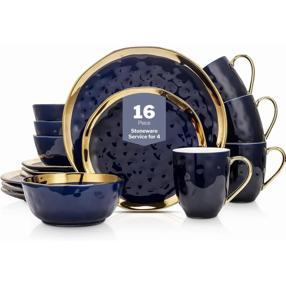 

Porcelain 16 Piece Dinnerware Set Service for 4 Blue Golden Rim Dark Blue Kitchen Dining Tableware