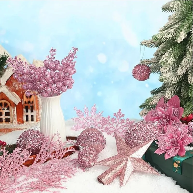 Pink Christmas Balls Decoration Glitter Berry Stems Snowflakes Bow Gift Xmas Tree Hanging Ornaments Home Decor New Year Supplies