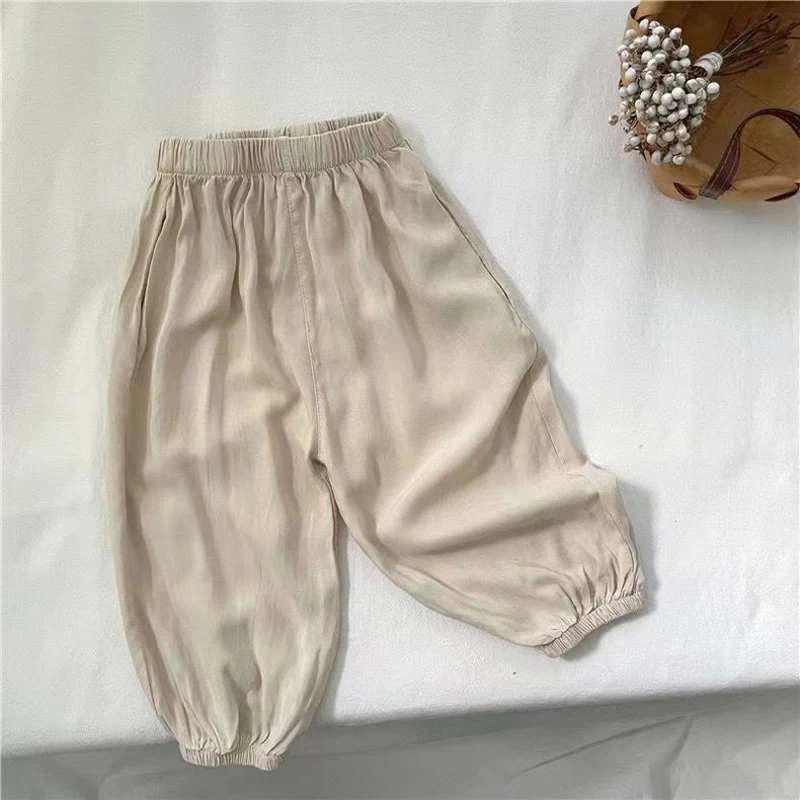 Solid Color Children Summer Mosquito Repellent Pants Boys Girls Thin Casual Loose Pants Baby Versatile Breathable Ice Silk Pants