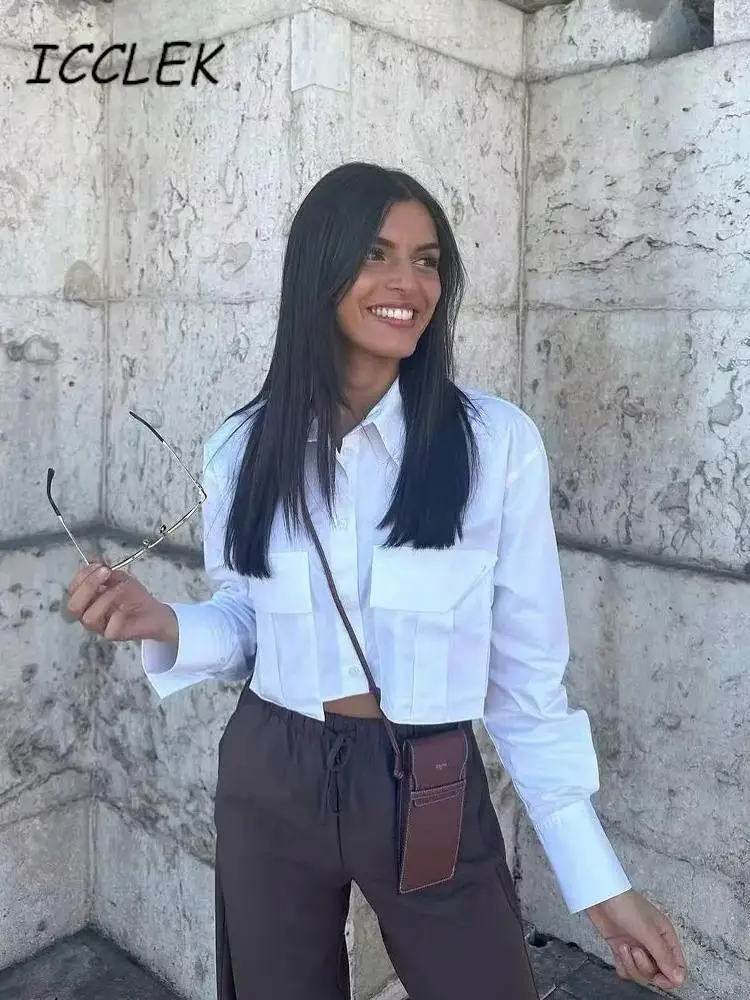 

Traf Y2k Shirt and Blouse for Women Office Lady Tops Fall Spring Button Shirt Striped Blouse Top Pink Shirt Pocket Cropped Tops