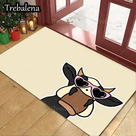 1pc Welcome Door Mat Cute Cow with Pink Sunglasses Doormat Farmhouse Decor Indoor Outdoor Rug