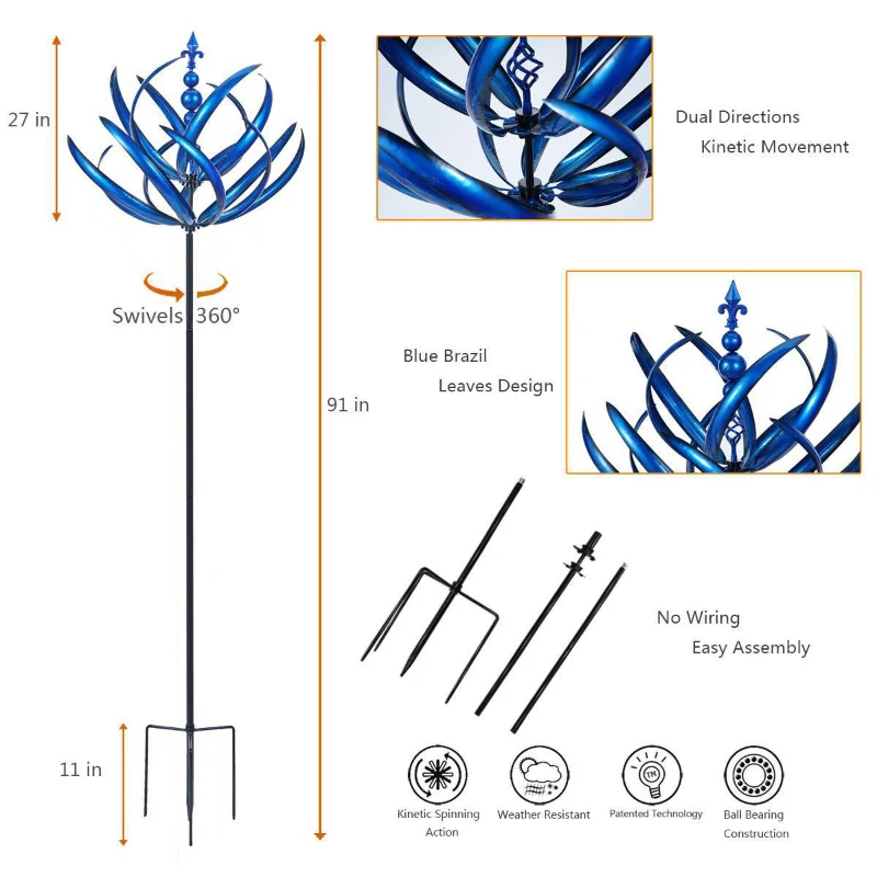 Harlow Wind Spinner Rotator 3D Wind Collectors Magical Kinetic Metal Windmill Spinner Garden Yard Decor Removable Ground Plug