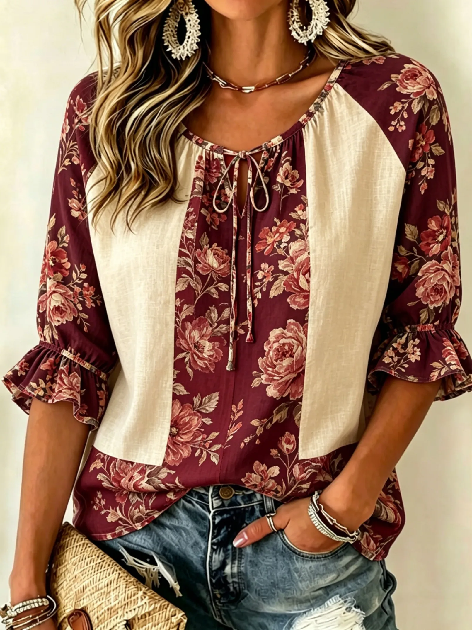 

Women's Spring Summer Casual Blouse, Wine Red Floral & Solid Panel Print Tops for Daily Street Holiday Dating & Leisure Outfit