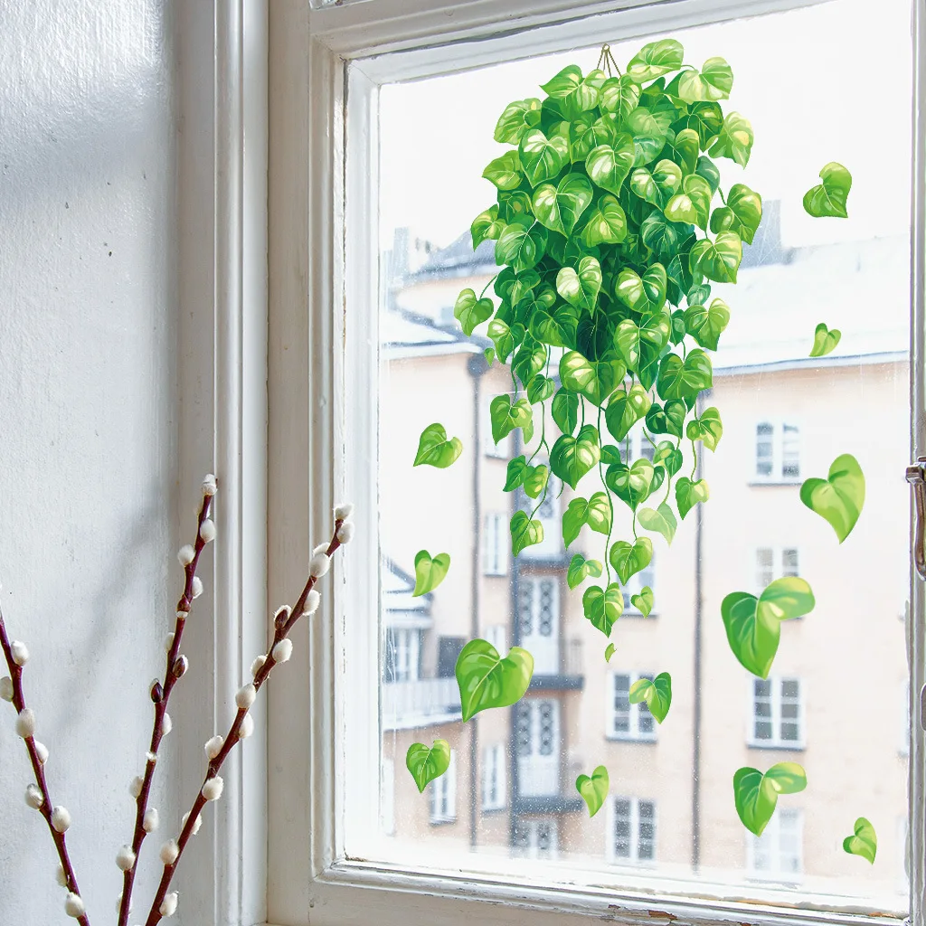 Waterproof Oil-proof Green Leaf Plant Wall Stickers Potted Plants for Bedrooms Living Room Balconies Demountable Home Decoration