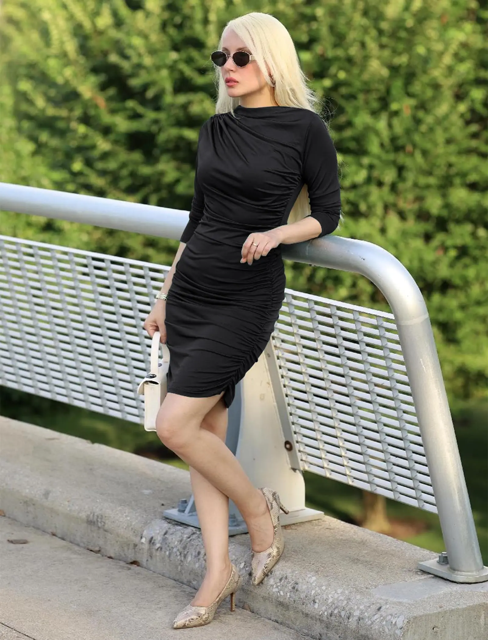 Womens Sexy Ruched Bodycon Mini Dress Long Sleeve Boat Neck Wedding Guest Club Party Dresses