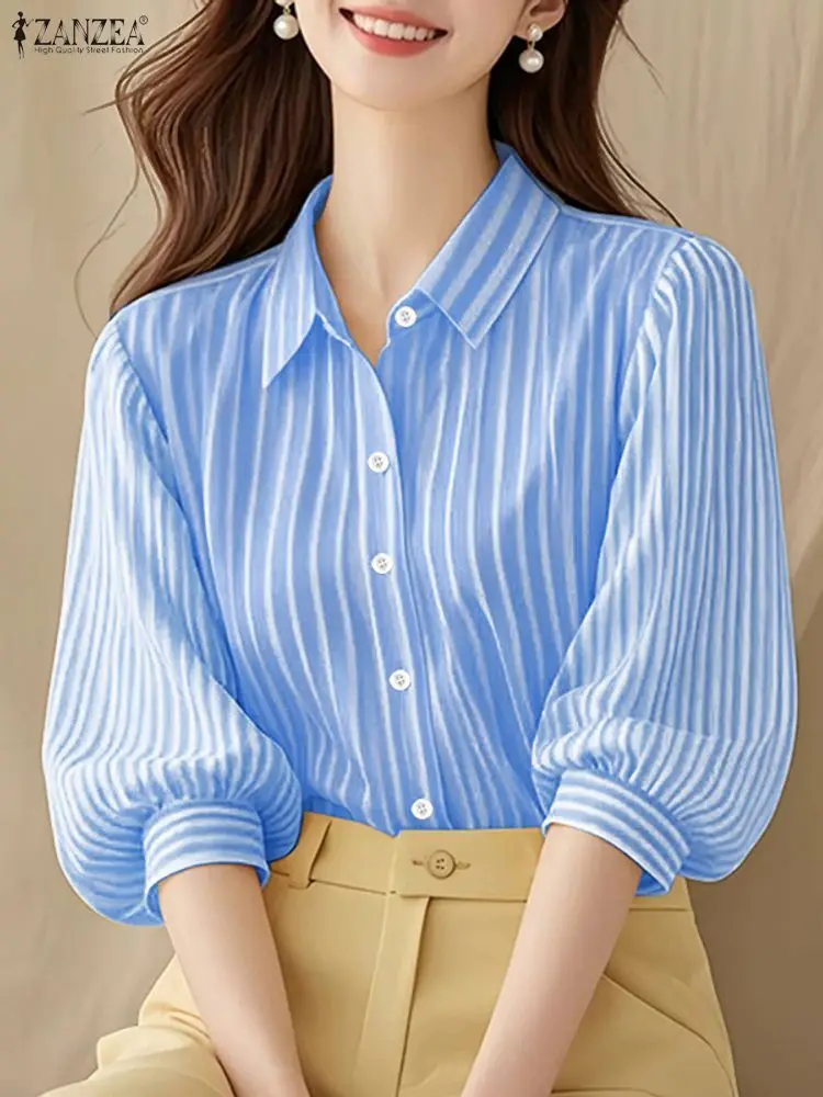 Elegante Vrouwen OL Werk Blouse 2025 ZANZEA Herfst Kantoor Gestreept Shirt Mode Revers Hals 3/4 Mouw Knoppen Tops Vrouwelijke Tuniek