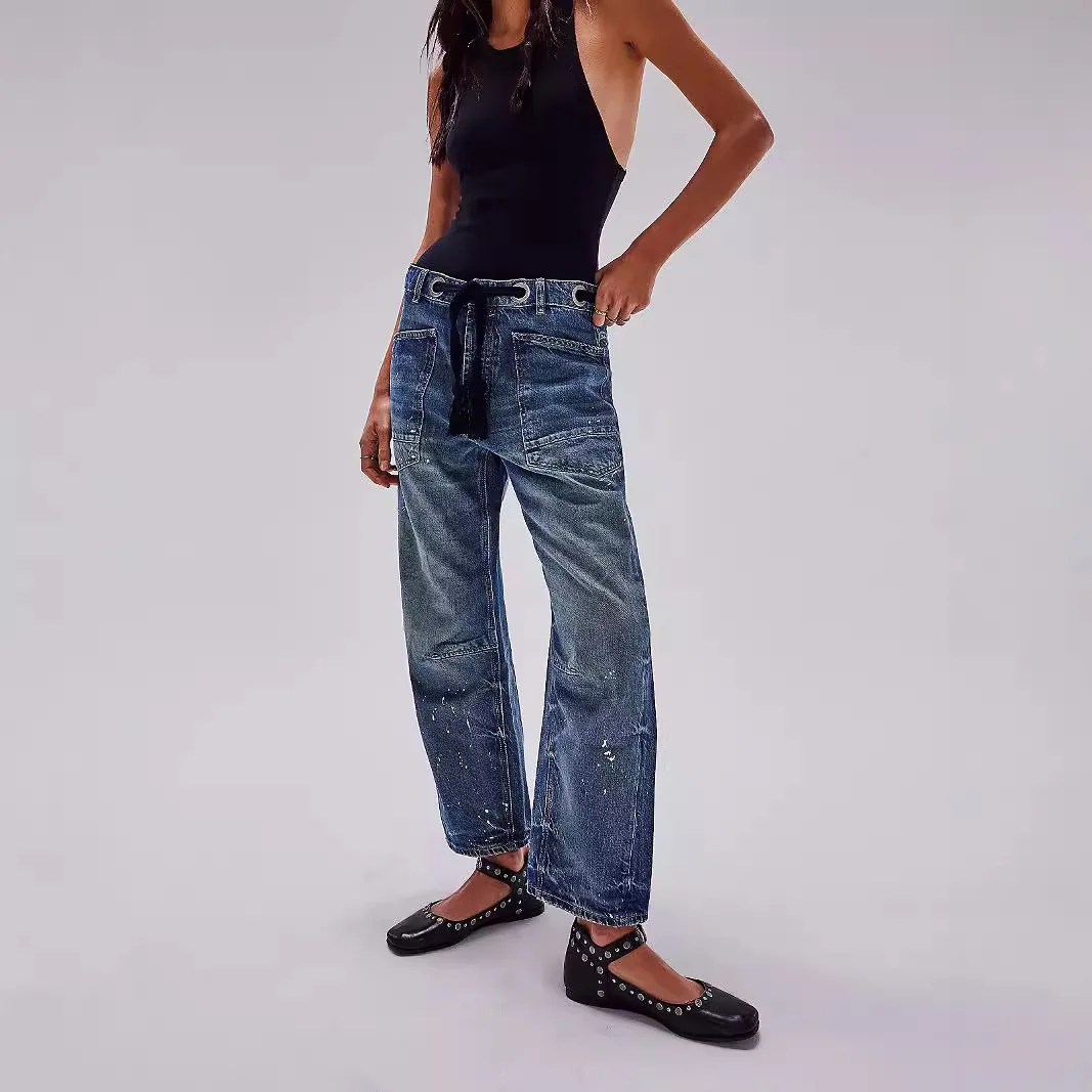 Jeans Women Denim Pants Straight Trousers Drawstring Long Pant Casual Loose Y2k Streetwear Button Pocket Splice Mom Jeans 2025