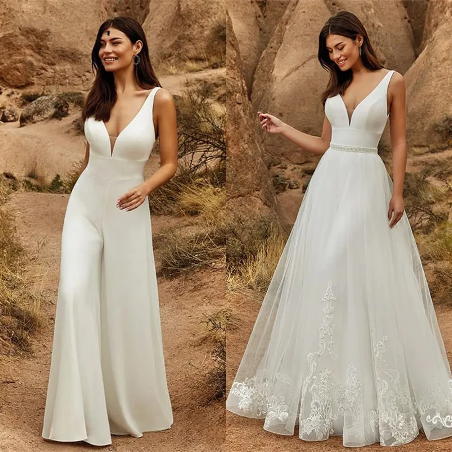Tuta da sposa 2 in 1 con gonna staccabile Abito da sposa in due pezzi 2025 Senza maniche Cerniera Tulle Pizzo Abiti da Noiva