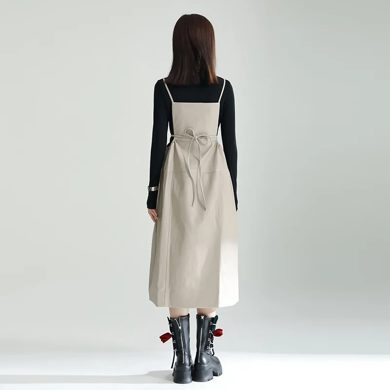 PU Suspender skirt 2024 spring new niche design sense waist closed three-dimensional large swing dress