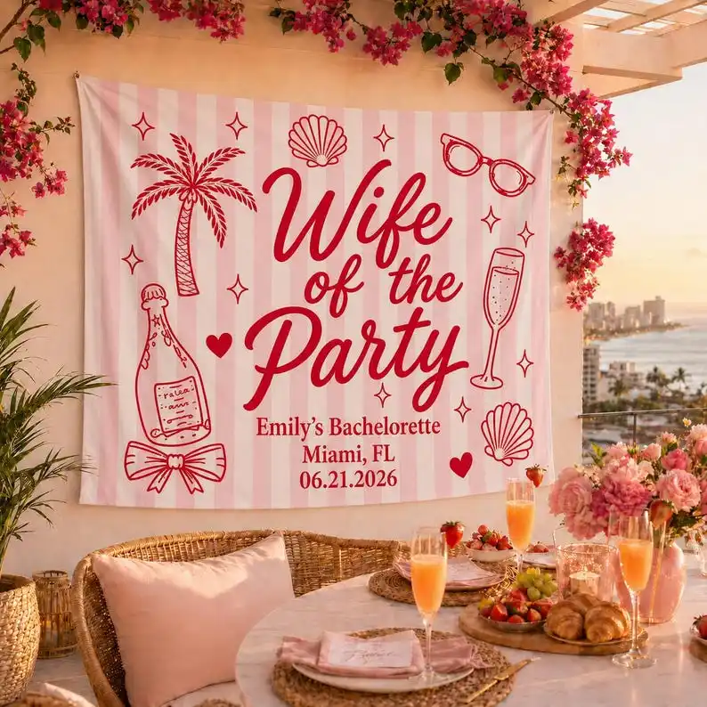 Wife of The Party Bachelorette Tapestry, Custom Bride Photo Banner, Pink Red Bach Party Backdrop, Personalized Weekend Decor