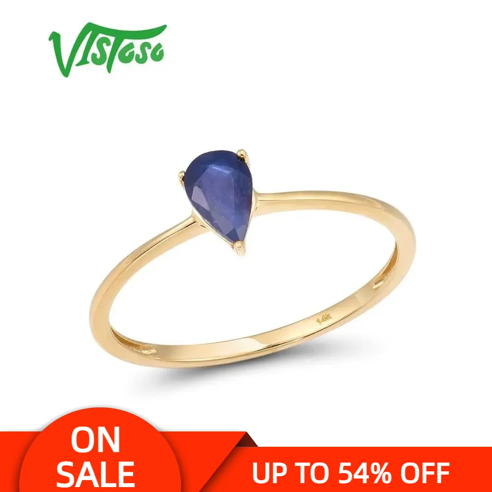 VISTOSO Gold Rings For Women Genuine 14K 585 Yellow Gold Ring Fancy 6X4mm Blue Sapphire Engagement Ring Fine Jewelry