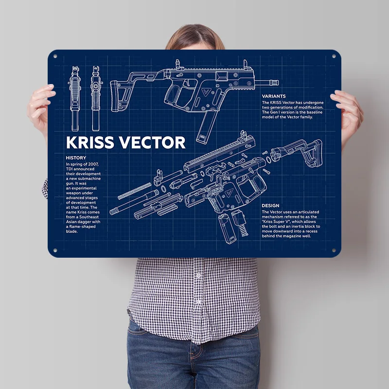 Kriss Vector Blueprint Poster Retro 3D-gedruckte Metallschilder, individuell gestaltete Wanddekoration, Geschenk für Raumdekoration, Innenausstattung, Kunst