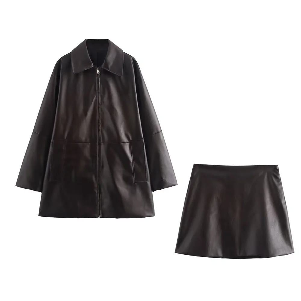 TRAF Autumn New Product Women\'s Casual Collar Long Sleeve Pocket Decoration Coat Solid Color Leather Skirt Set