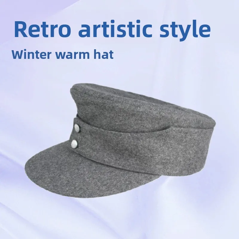 Men Vintage Woolen‑like Field Cap Winter Warm Ear Flap Hat Retro Reenactment Cosplay Solid Grey Felt Peaked Cap For Collection