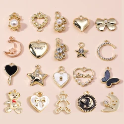 Mix 8pcs Gold Color Heart Moon Stars Bear Crystal Pearl Charms for DIY Jewelry Making Accessories Pendants of Necklace Earrings