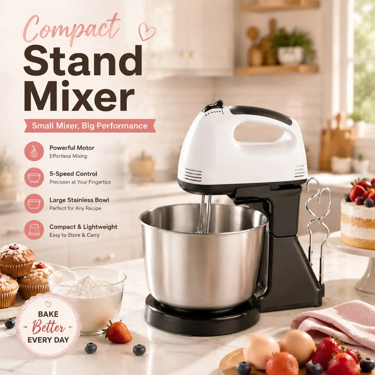 1pc Household Electric Handheld Egg Beater With Unpowered Vertical Stand For Self-Assembly. Mini Stand Mixer.5-Speed. This Multi-Functional Compact Baking Tool Fits Baking Beginners Perfectly For Daily Kitchen Pastry Making.