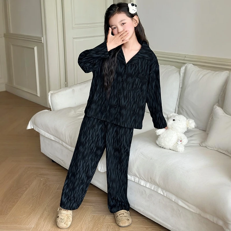 Girls Lapel Printed Pajama Set Kids Loungewear Long Sleeve Button-Down Sleepwear 2 Piece Spring Autumn Style