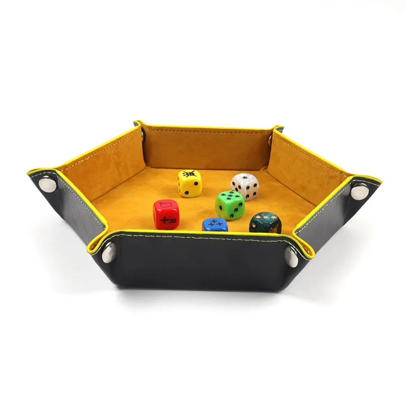 Foldable Dice Tray Box PU Leather Flannel Dice Game Plate Hexagon Folding Tray Home Desktop Decoration Coin Key Storage Tray