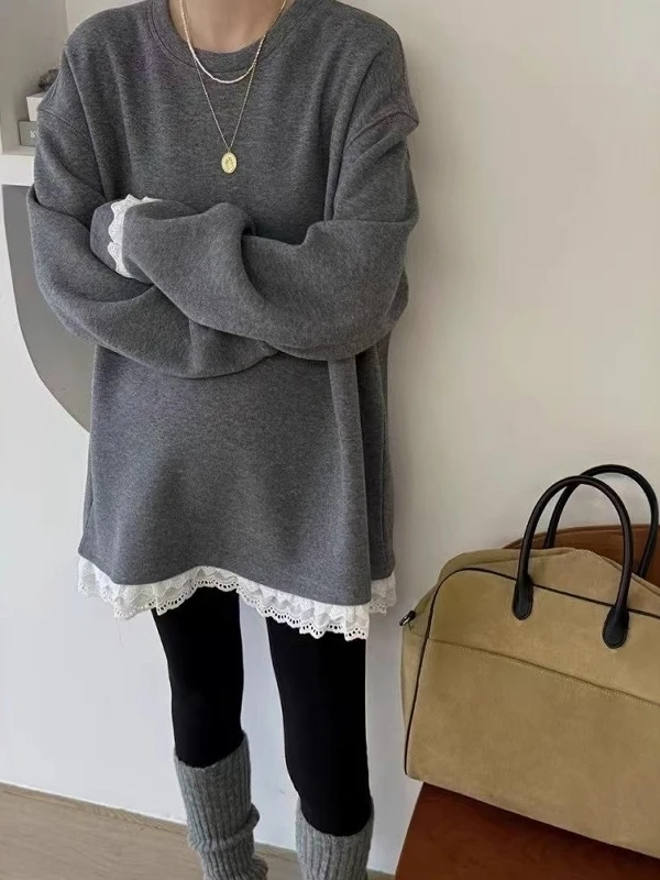 

Korean Japanese High End Lace Trim Base Shirt Women's plus Size Artistic Versatile Design mid Length Sweatshirt