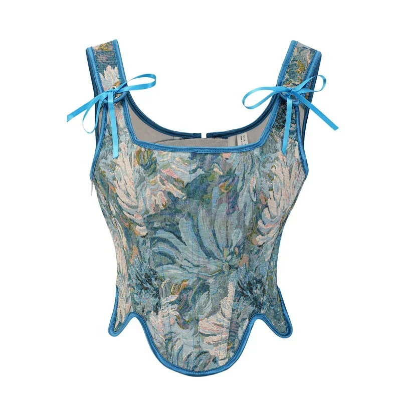 مشد نسائي عتيق أزرق مطبوع عليه زهور برباط علوي قصير بوستير القرون الوسطى ومشدات أنيقة بدون أكمام