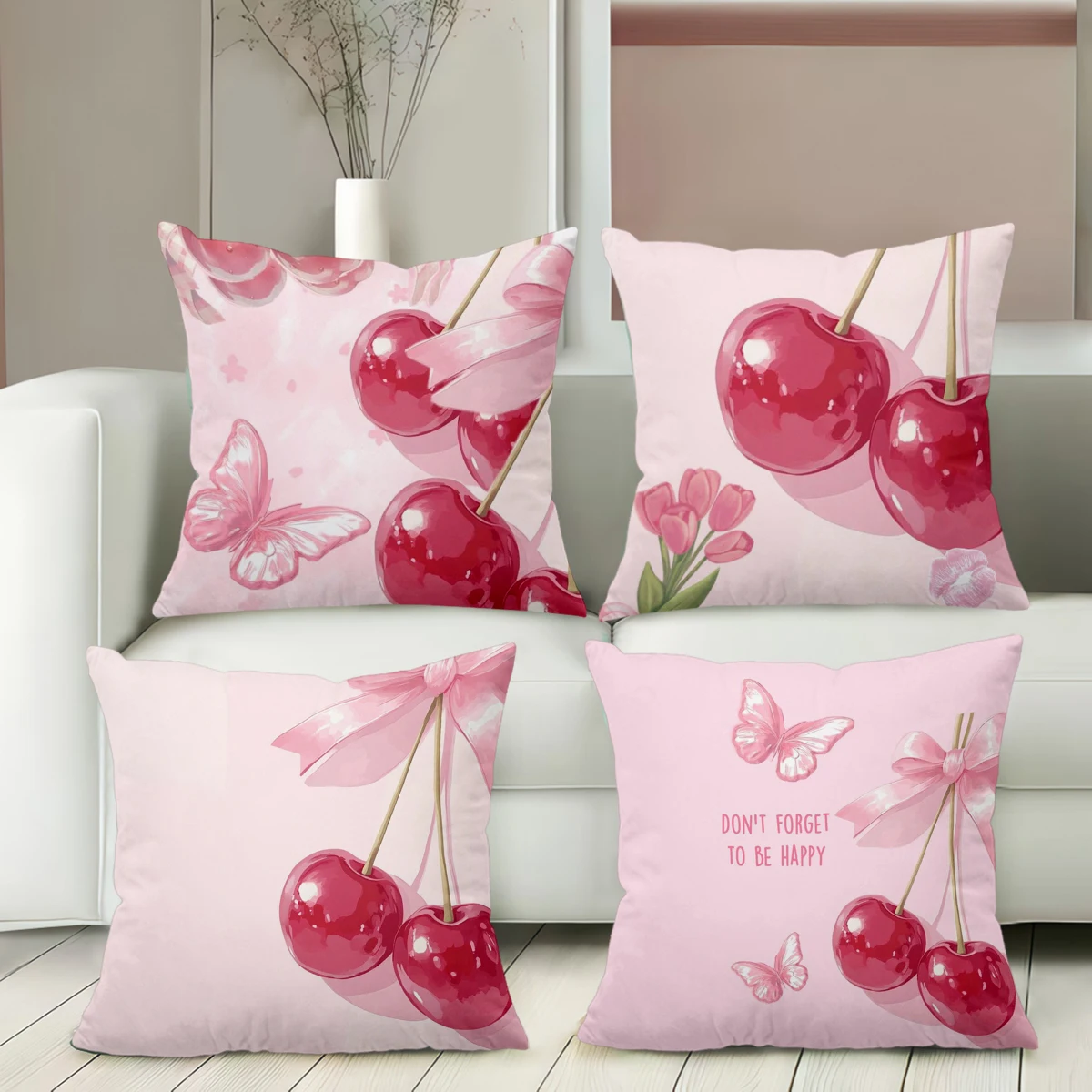 Cherry Patterned Pillows With Butterfly And Happy Words Polyester pillowcase, sofa decorative cushion cov Headboard Pillow