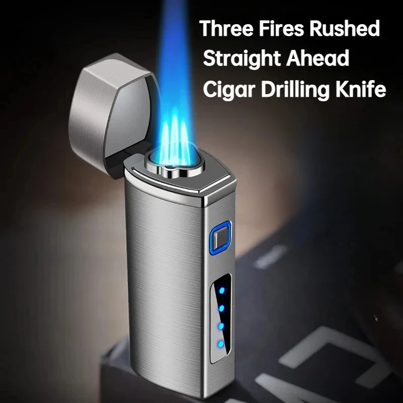 Three-head Blue Flame Gas-electricity Lighter All-in-one Digital USB Display Power Windproof Jet Torch Cigar Lighter Men's Gifts