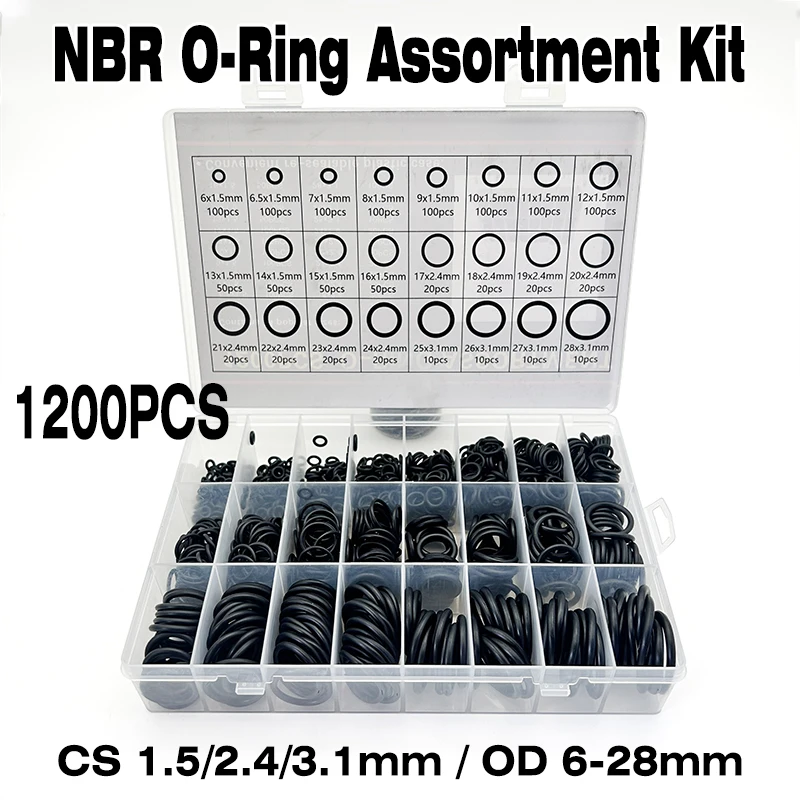 1200Pcs CS 1.5/2.4/3.1mm OD 6~28mm O-Ring Rubber Seal Ring Kit Nitrile Rubber High Pressure Black NBR Seal Valve O Rubber Rings