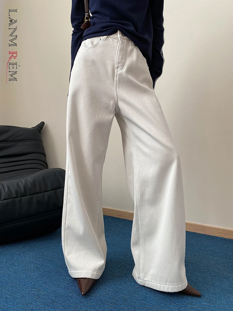 

[LANMREM] Office Lady High Waist Straight Jeans For Women Wide Leg Trousers Thick Warm Denim Pants 2024 Winter New 26C1482