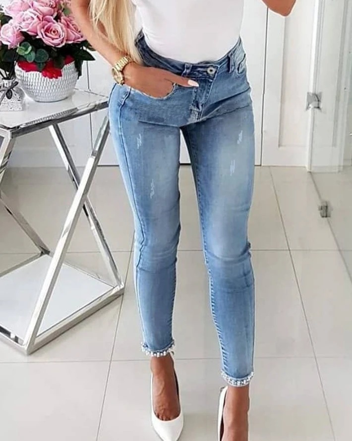 Women's Jeans 2024 Spring Fashion Beaded Slit Bowknot Decor Casual Pocket Design Skinny Daily High Waist Jeans Y2K Streetwear