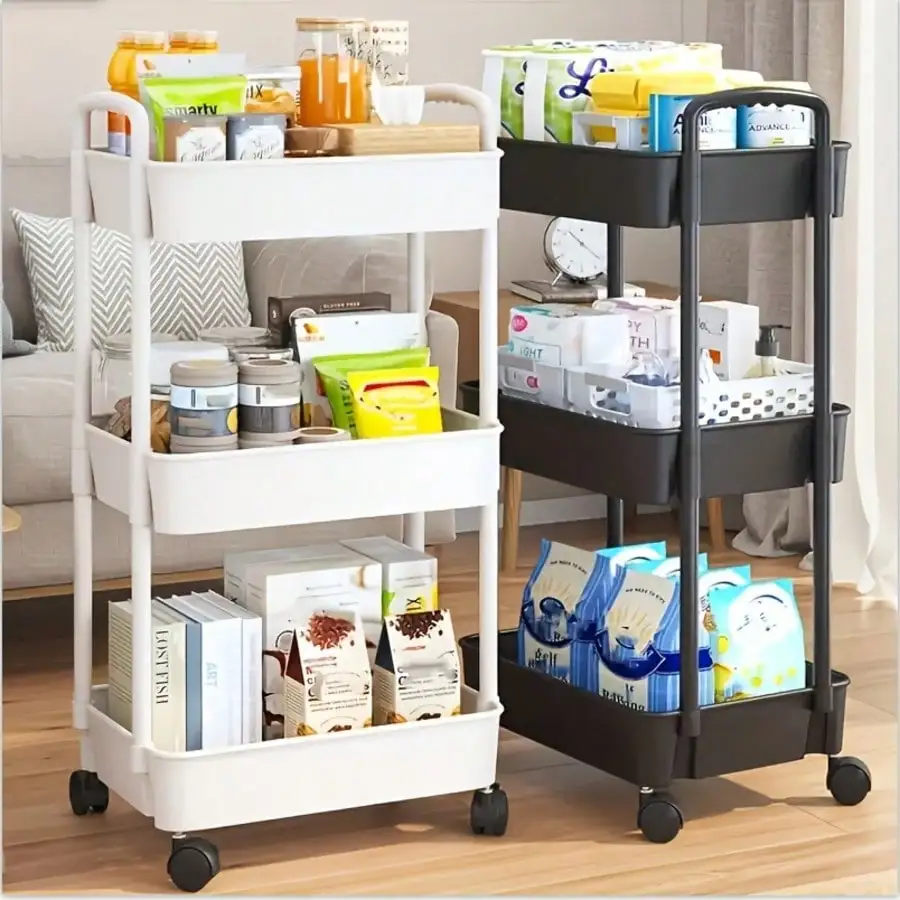 3-Tier Rolling Utility Cart with Removable Drawer, Mobile Storage Trolley with Perforated Shelves & Divided Baskets, Quick Assembly Space Saver for Kitchen, Bathroom, Office
