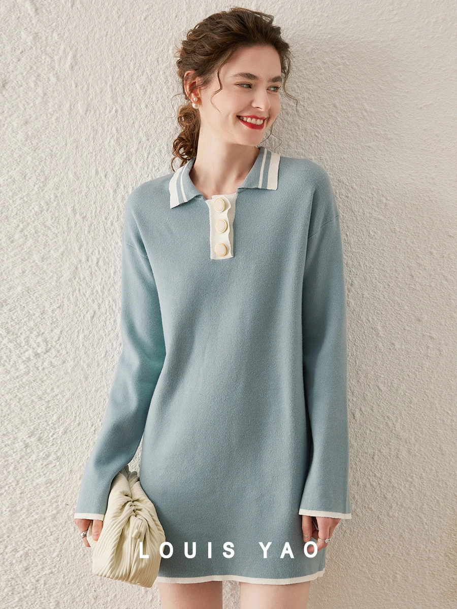 

LOUIS YAO Knitted Dress 2023 Autumn POLO Collar Turn-down Collar Long Sleeve Straight Skirt Loose Fit Color Block Casual Dress