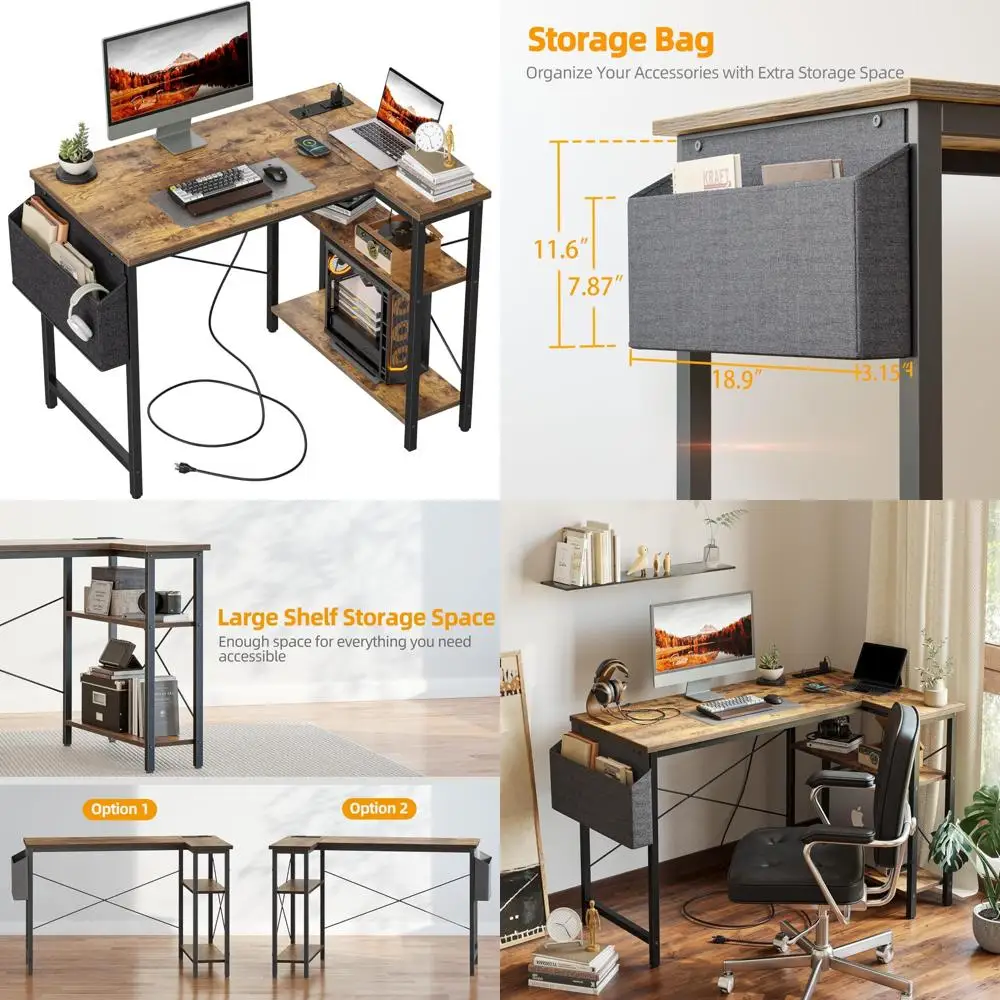 Escritorio de estudio y juegos en forma de L de 40 pulgadas con tomas de corriente, estantes reversibles para espacio de trabajo de escritorio esquinero