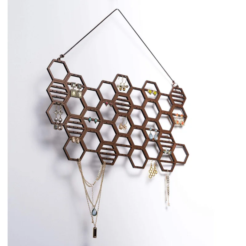 

Honeycomb Earring Organizer Wall Mount Display Wood Hanging Jewelry Organizer for Stud Earrings, Necklaces (Walnut)