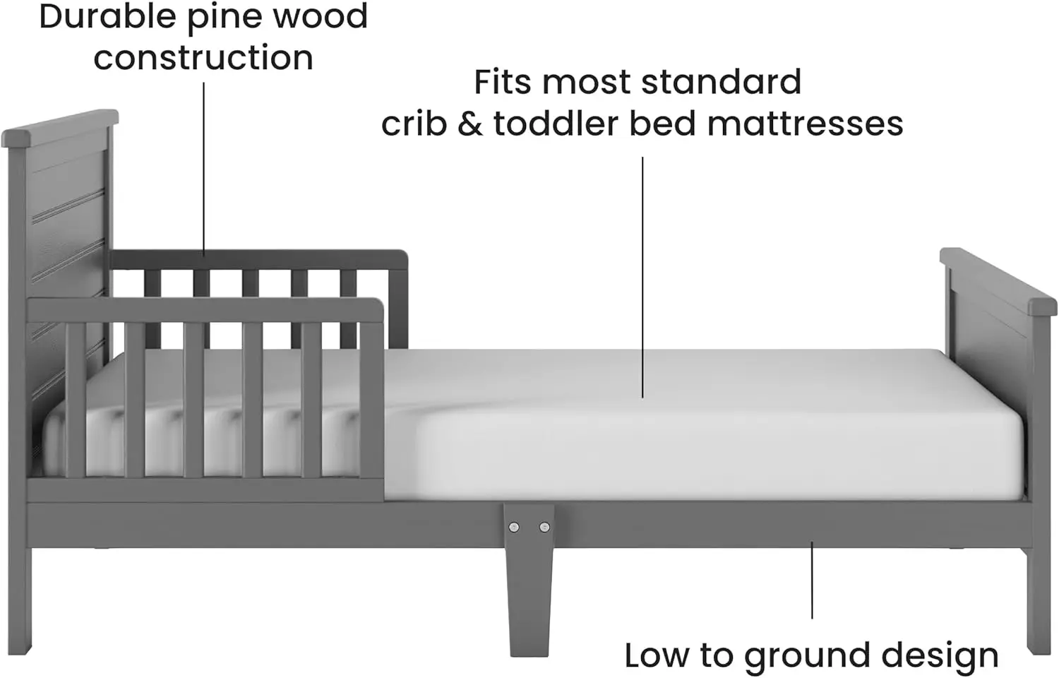 سرير أطفال مسطح من Woodland، خشب الصنوبر، قضبان حماية، تصميم منخفض، حصاة مصقولة