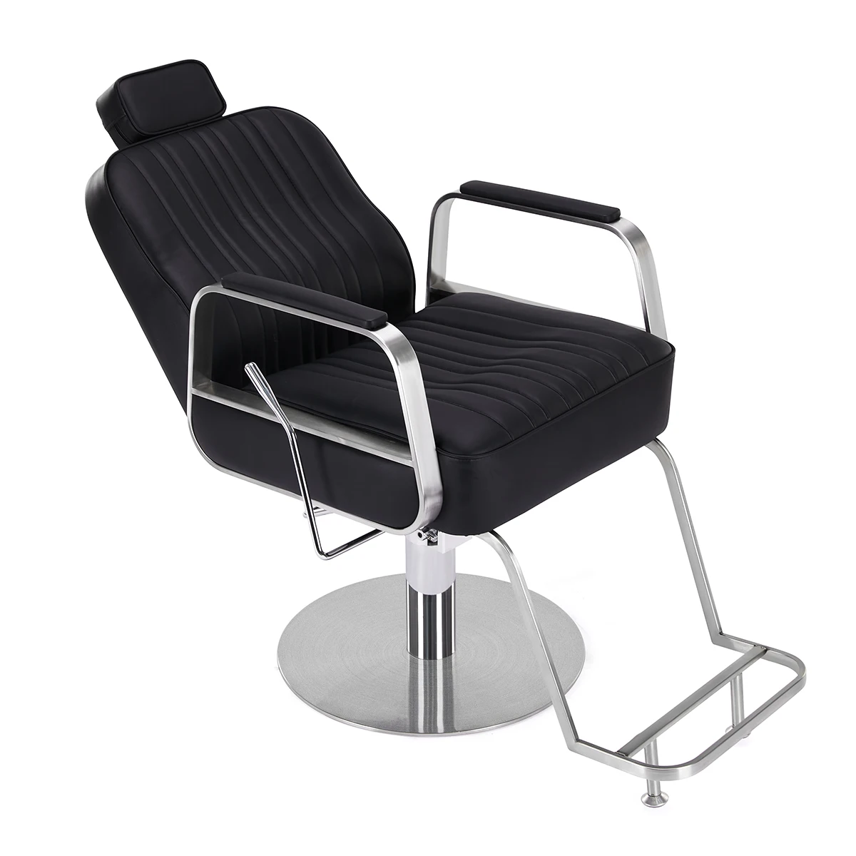 Vintage Vertical Stitching Barber Chair, Black PU Leather with Headrest, Stainless Steel Frame, Reclining Hydraulic Swivel Salon