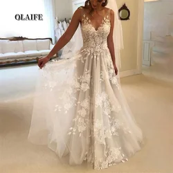 A-Line prenses v yaka plaj düğün elbisesi aplikler ile vestido de vestido vestidos novias boda ссоеенное паааа