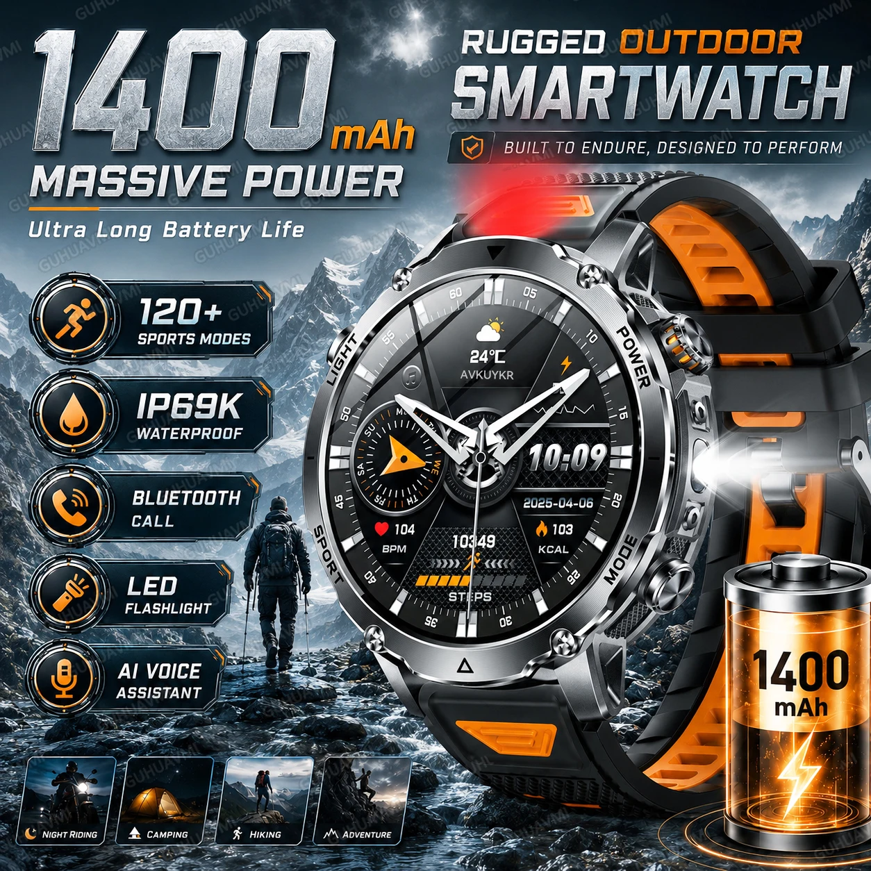 

2026 New 1400mAh Battery Smartwatch Rugged Outdoor IP69K Waterproof Bluetooth Call LED Flashlight AI Voice 120 Sports Mens Watch