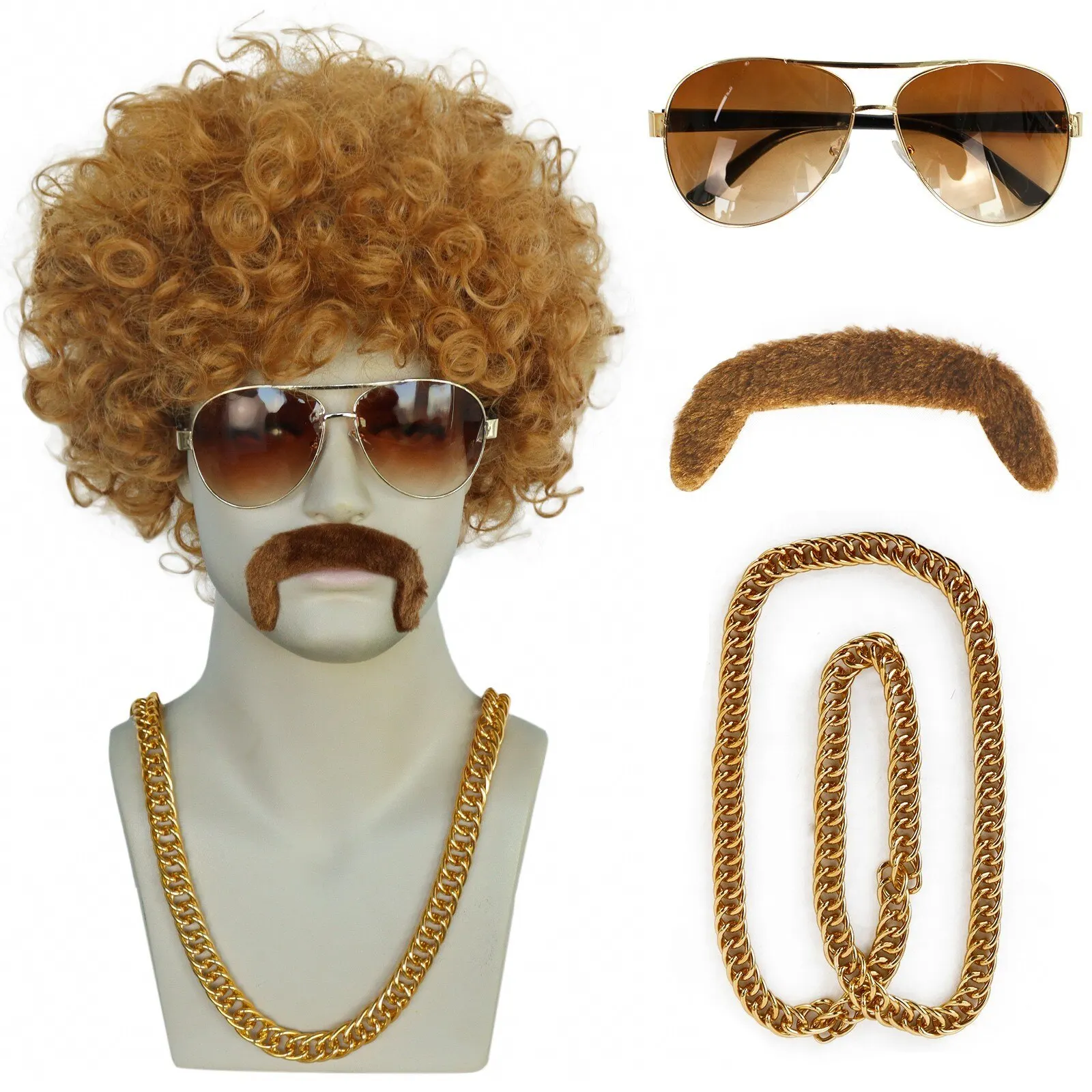 Synthetische 1 Halskette 1 Brille 1 Perücke Kappe 1 Bart synthetische kurze Afro lockige schwarz braun 80er 70er Jahre Disco Rock Herren Cosplay Perücke