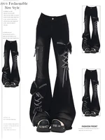 Pantalones vaqueros acampanados de tiro bajo para mujer, pantalones vaqueros con lazo y cordones de diseñador japonés Shoujo Y2k, pantalones vaqueros Retro americanos con parte inferior acampanada, novedad de Harajuku