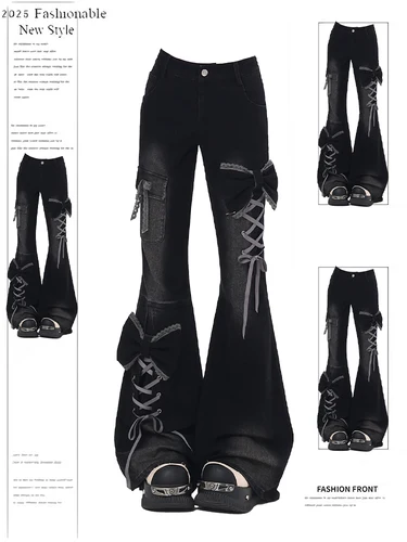 Pantalones vaqueros acampanados de tiro bajo para mujer, pantalones vaqueros con lazo y cordones de diseñador japonés Shoujo Y2k, pantalones vaqueros Retro americanos con parte inferior acampanada, novedad de Harajuku