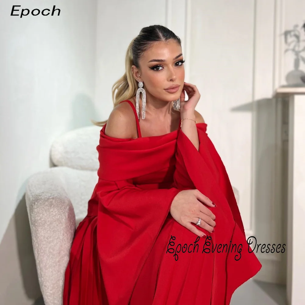 Formal Evening Dress Sexy Women 2024 فساتين السهرة  Elegant Pleat Off The Shoulder Red Long Sleeve Cocktail Party Prom Gown