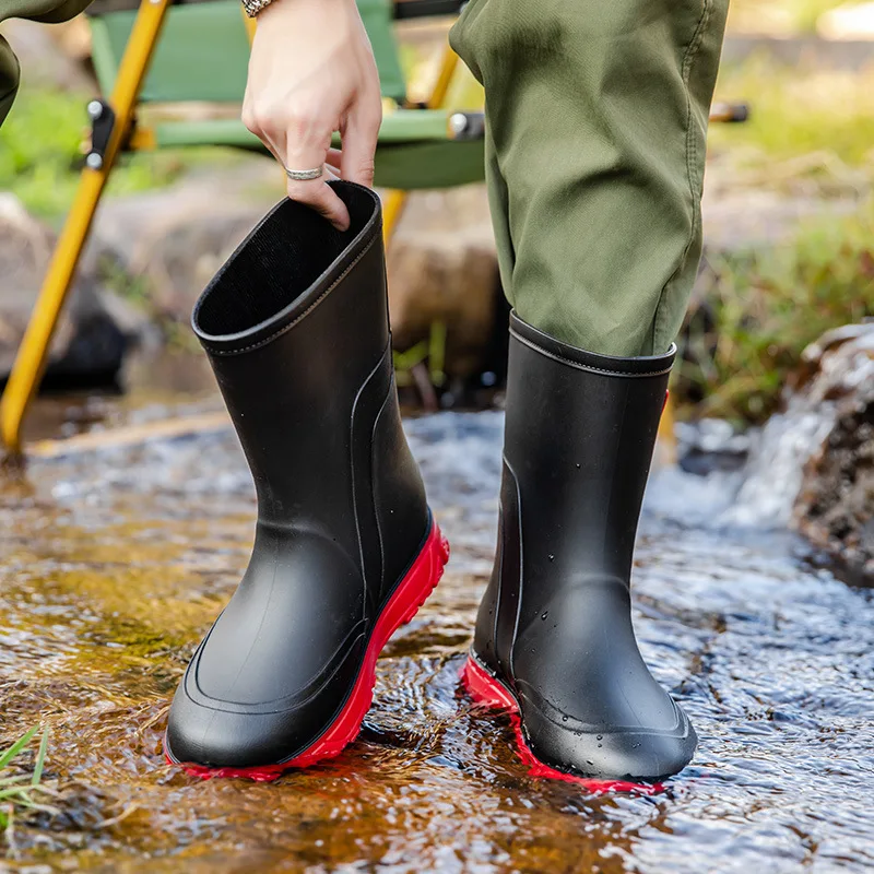 New Men's Fashion Mid-calf PVC Rain Boots Non-slip Waterproof Man Rainboots Outdoor Water Shoes Male Fishing Boots Slip-on