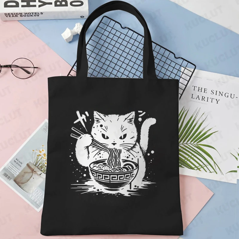 Tote Bags Noodle Cat Cartoon Women's Handbags Vintage Canvas Funny Cute Shoulder Bags Reusable Women Shopping Bag