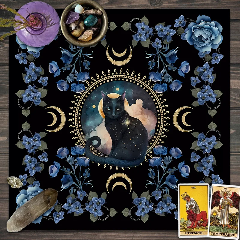1pc Mystical Cat Altar Cloth, Botanical‑print Tarot Spread Mat, Witch‑style Table Cover, Rune & Card Game Board Mat