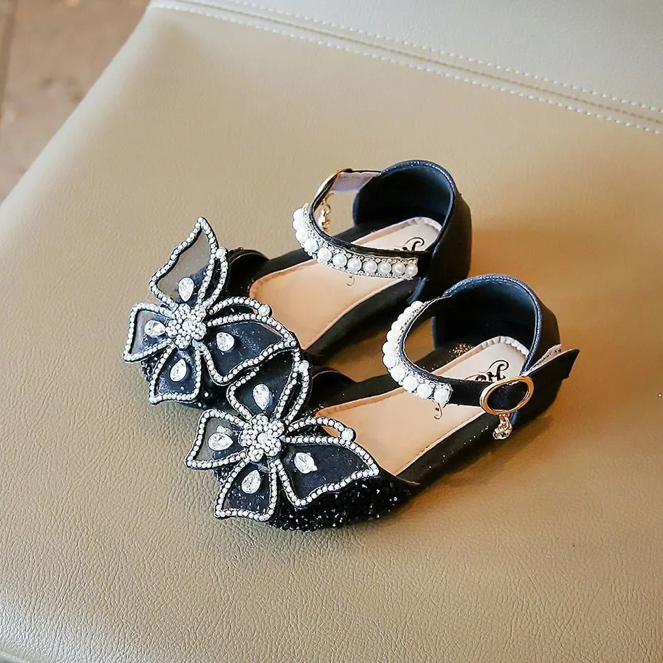 Diamond Butterfly Kids Princess Sandals Children Black Silver Pink Low-heeled Girls Summer Flats Carnival Mary Jane Footwear