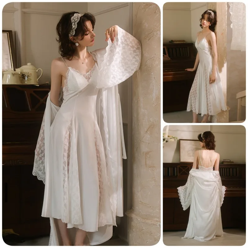 Elegant French Court Style Pajama Set White Satin Lace V Neck Suspender Skirt Robe Two Piece Loungewear White Slipe Dress L Size