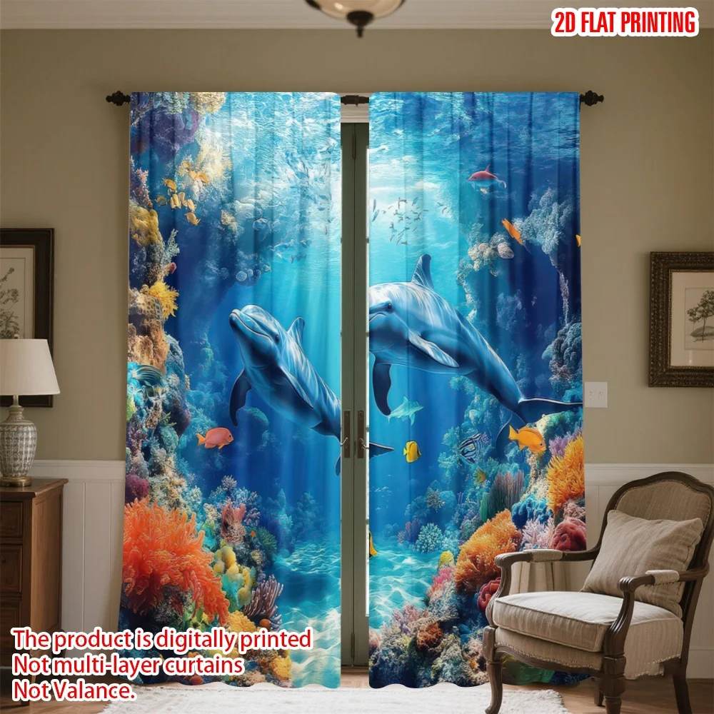 

2D flat printing 2pcs Curtain Dolphins in Coral Reef(1) Digital Printed Polyester Drapes Family Party for All Occasions for