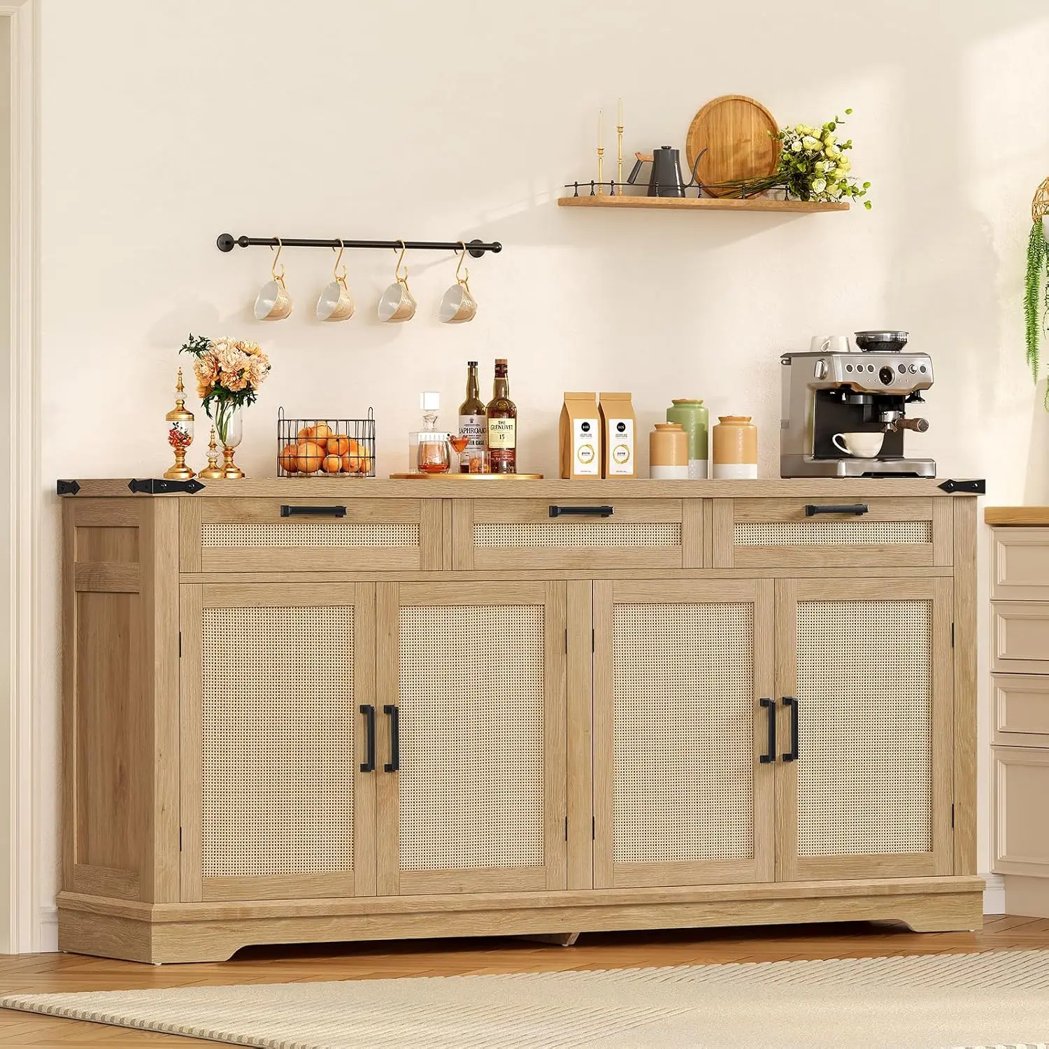 61‑Inch Natural Farmhouse Sideboard Buffet Storage Cabinet with 4 Doors and 3 Drawers, Accent Console Table for Kitchen, Dining Room and Living Room